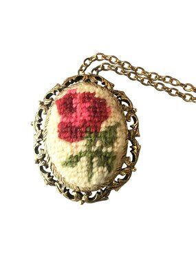 Vintage Floral Embroidered Needlepoint Brooch Pendant Chain Necklace Jewelry